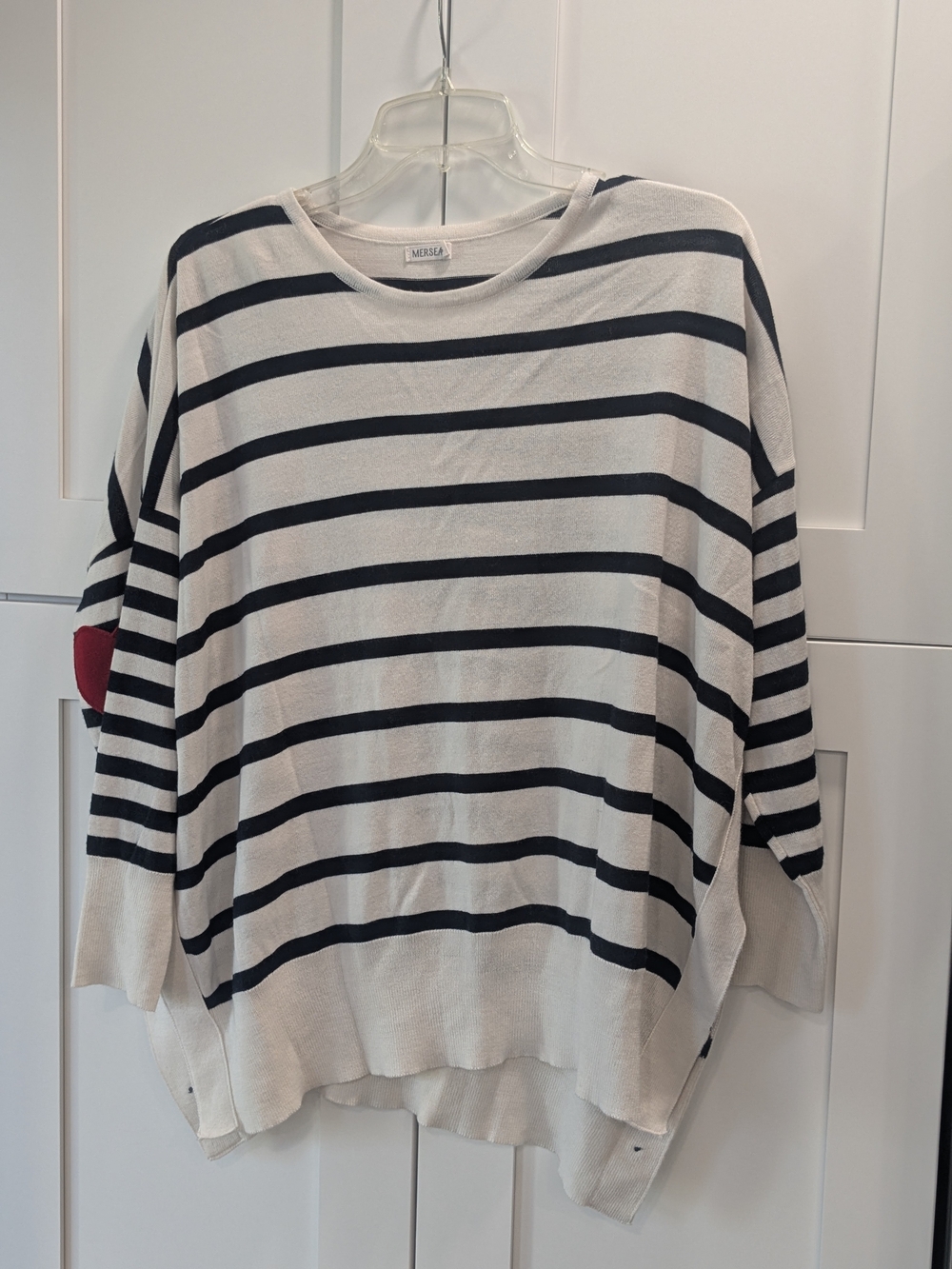 Messika Cream & Black Striped Boatneck Top with Red Elbow Detail